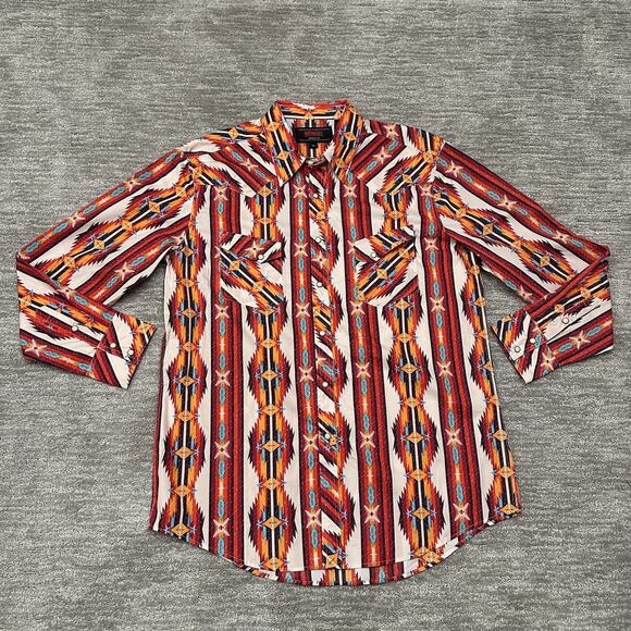 Rock & Roll Cowboy Other - Rock & Roll Denim Shirt Mens XL Orange Blue Western Pearl Snap Aztec Retro